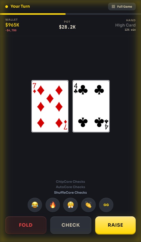 A phone in controller mode: your two cards, the pot, and Fold, Check and Raise buttons