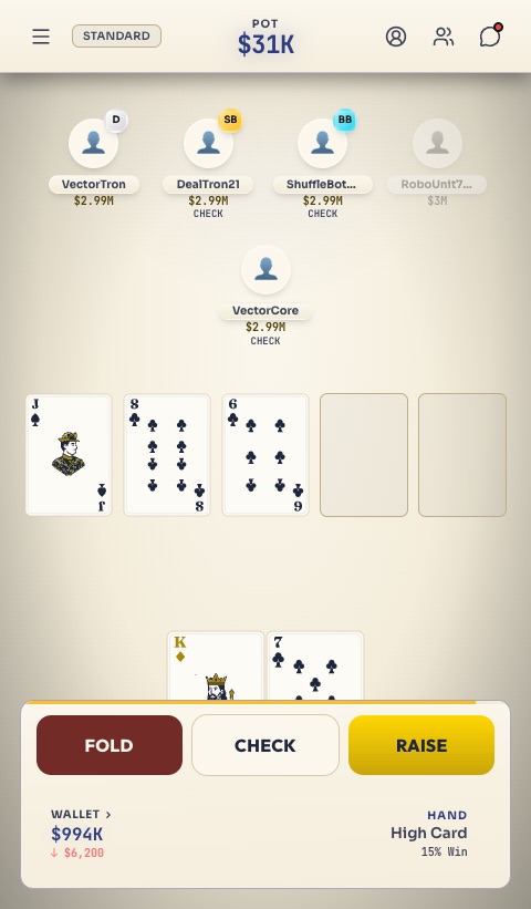 A poker table mid-hand in Cardamoo